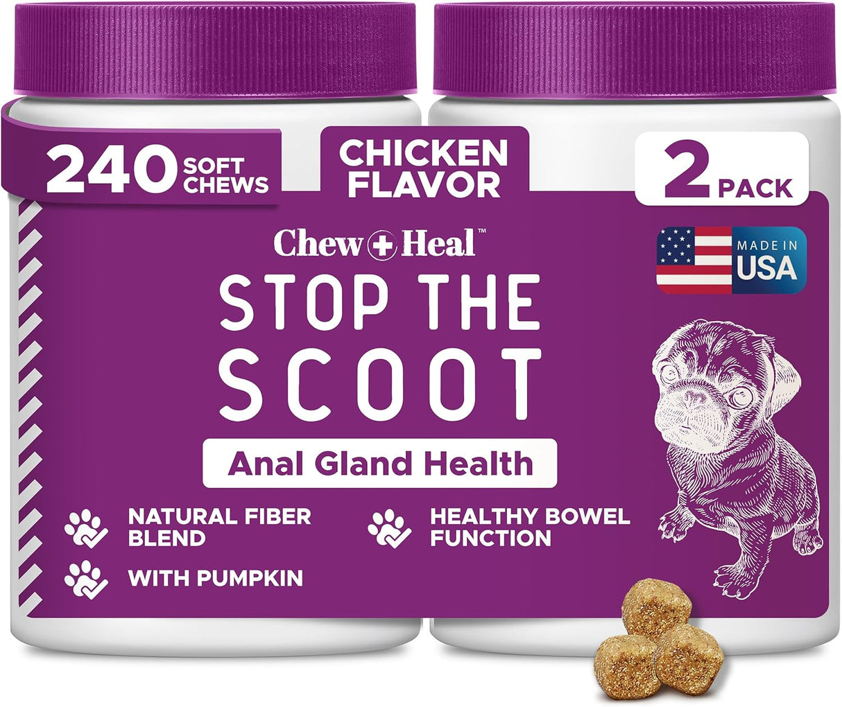 Chew + Heal Labs Stop The Scoot Fiber for Dogs 120 Masticables 2 Pack