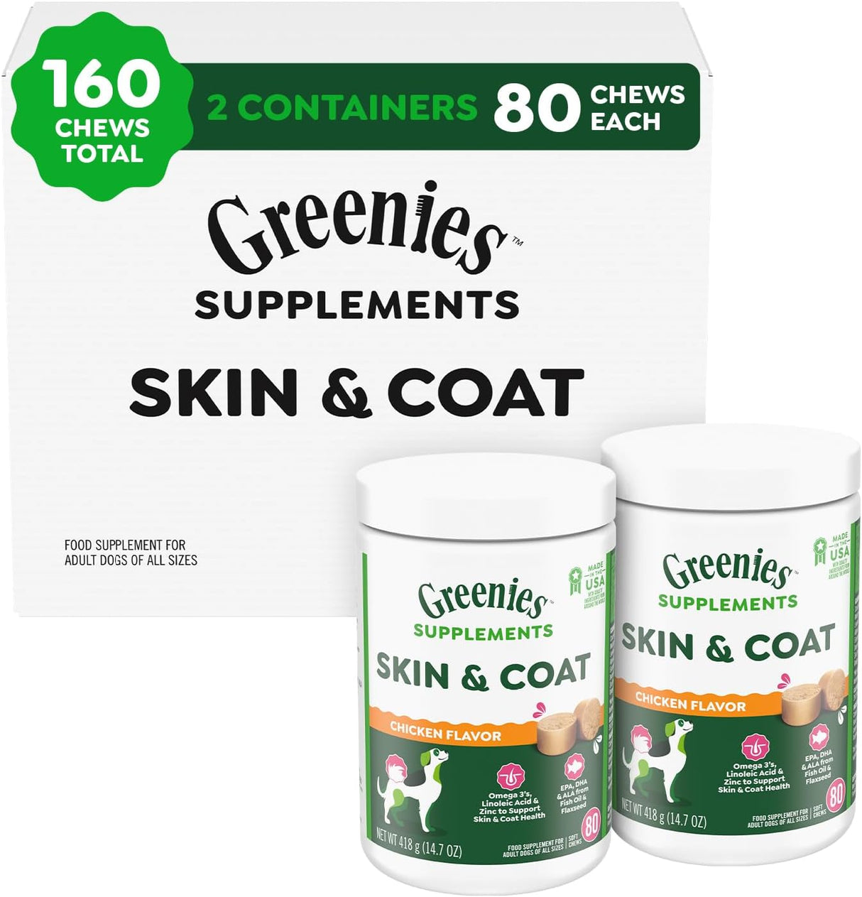 Greenies Supplements Dog Skin and Coat Chicken Flavor 80 Masticables 2 Pack