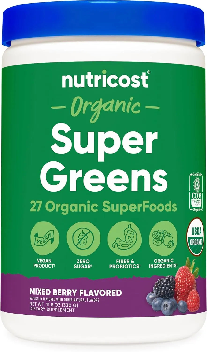 NUTRICOST - Nutricost Organic Super Greens Powder 30 Servicios Mixed Berry Flavor 330Gr. - The Red Vitamin MX - Suplementos Alimenticios - {{ shop.shopifyCountryName }}