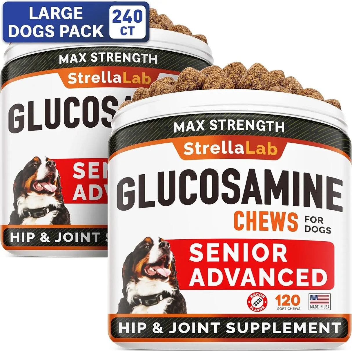 STRELLALAB - STRELLALAB Senior Advanced Glucosamine Chondroitin Joint for Dogs Bacon Flavor 120 Masticables 2 Pack - The Red Vitamin MX - Cuidado De Cadera Y Articulaciones Para Perros - {{ shop.shopifyCountryName }}
