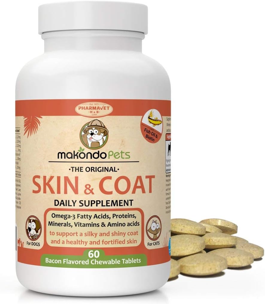 Makondo Pets Skin and Coat Supplement with Fish Oil and Omega 3 for Dogs 60 Tabletas Masticables