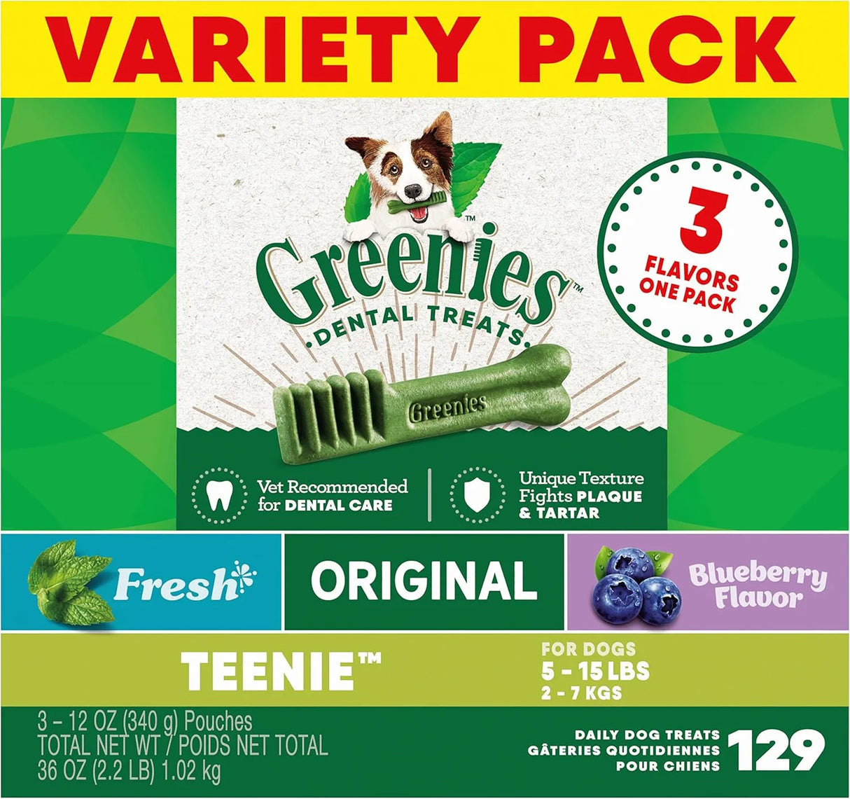 GREENIES - Greenies Teenie Natural Dog Dental Care Chews Oral Health Dog Treats 3-Flavor Variety Pack 129 Piezas - The Red Vitamin MX - Cuidado Dental Para Perros - {{ shop.shopifyCountryName }}