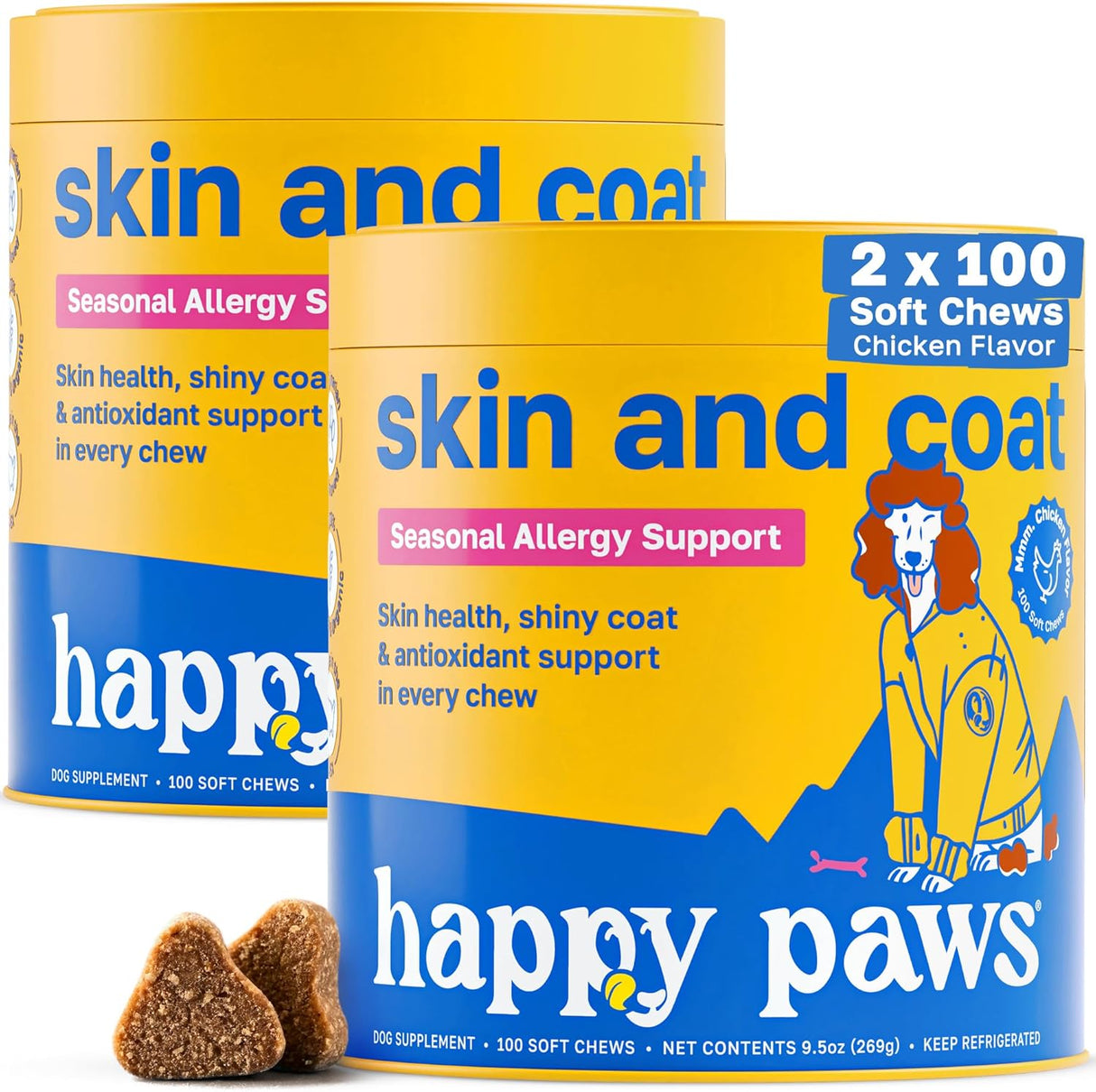 Happy Paws Skin and Coat Supplement for Dogs 100 Masticables 2 Pack