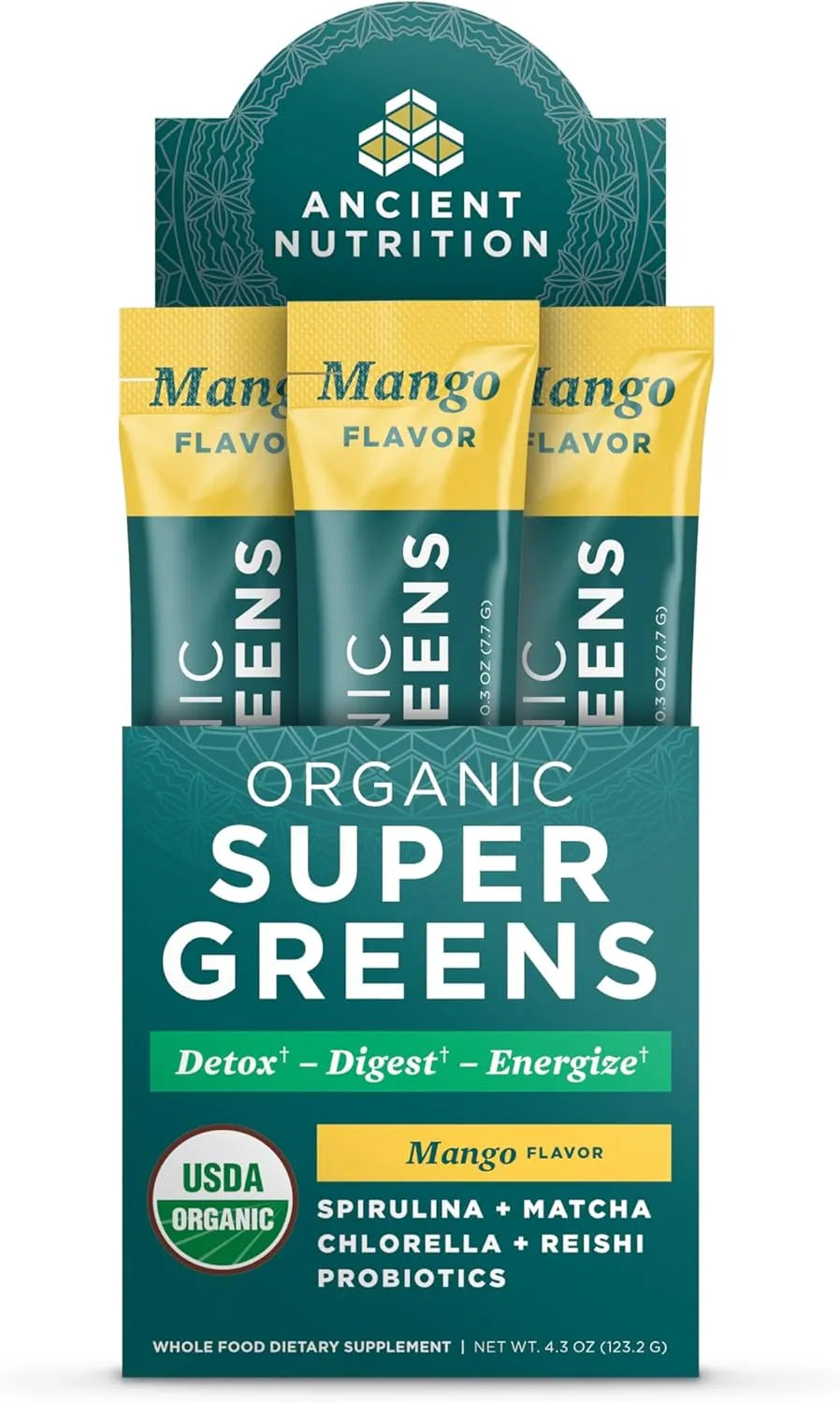 ANCIENT NUTRITION - Ancient Nutrition SuperGreens Powder with Probiotics Organic Mango Flavor 16 Paquetes - The Red Vitamin MX - Suplementos Alimenticios - {{ shop.shopifyCountryName }}
