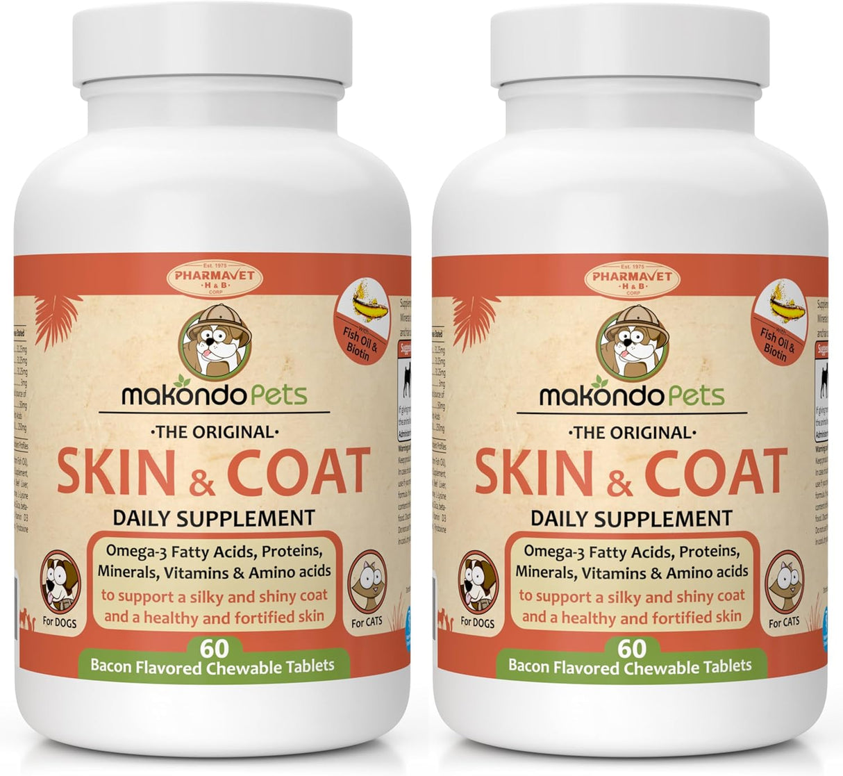 Makondo Pets Skin and Coat Supplement with Fish Oil and Omega 3 for Dogs 60 Tabletas Masticables 2 Pack