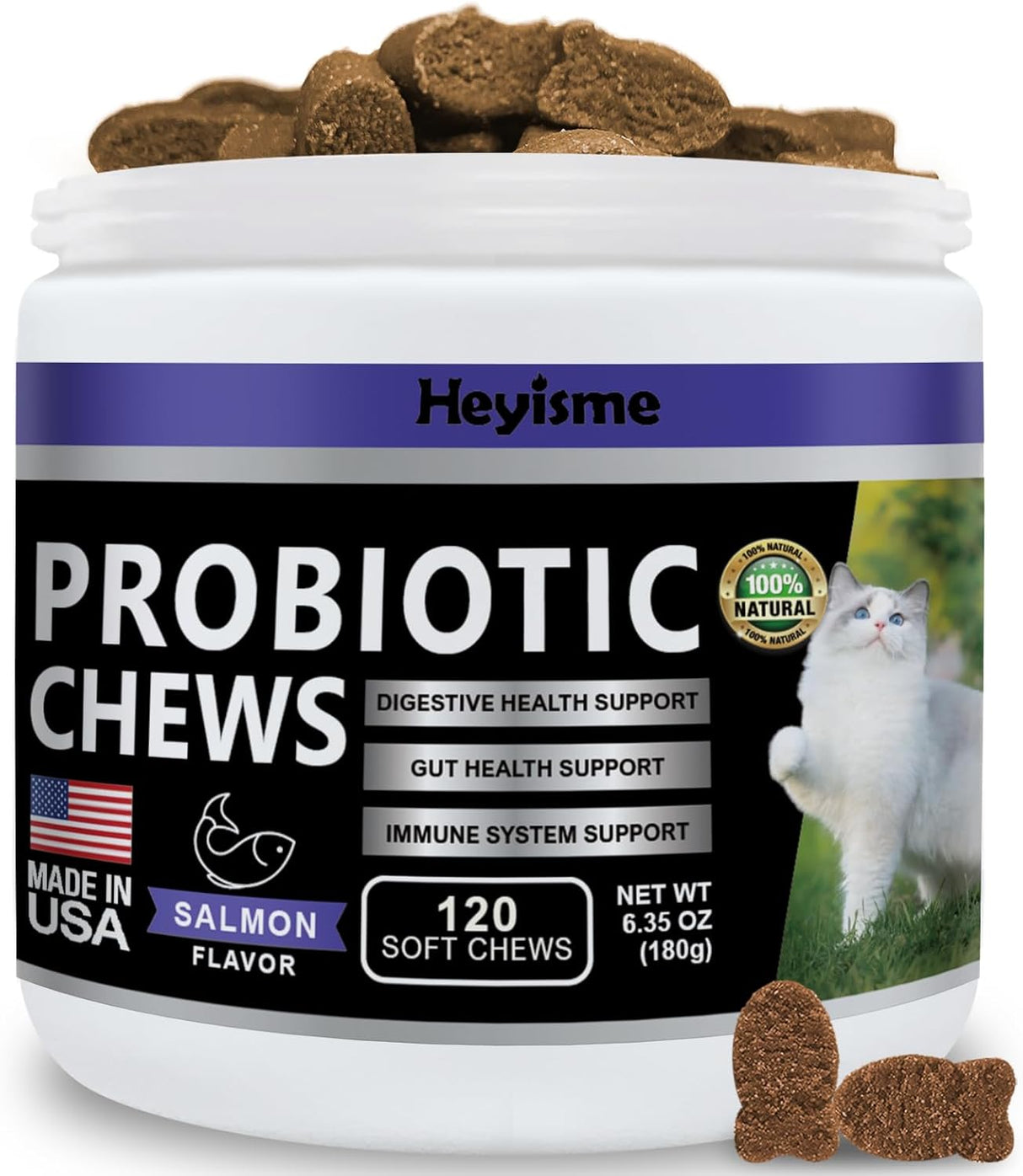 HEYISME Cat Probiotic Chews for Gut and Immune Health 120 Masticables