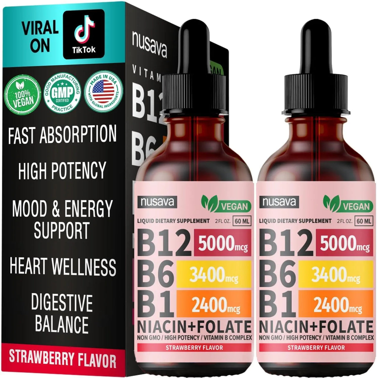 NUSAVA - NUSAVA Vitamin B12 and B6 Liquid Drops Strawberry 2 Fl.Oz. 2 Pack - The Red Vitamin MX - Suplementos Alimenticios - {{ shop.shopifyCountryName }}