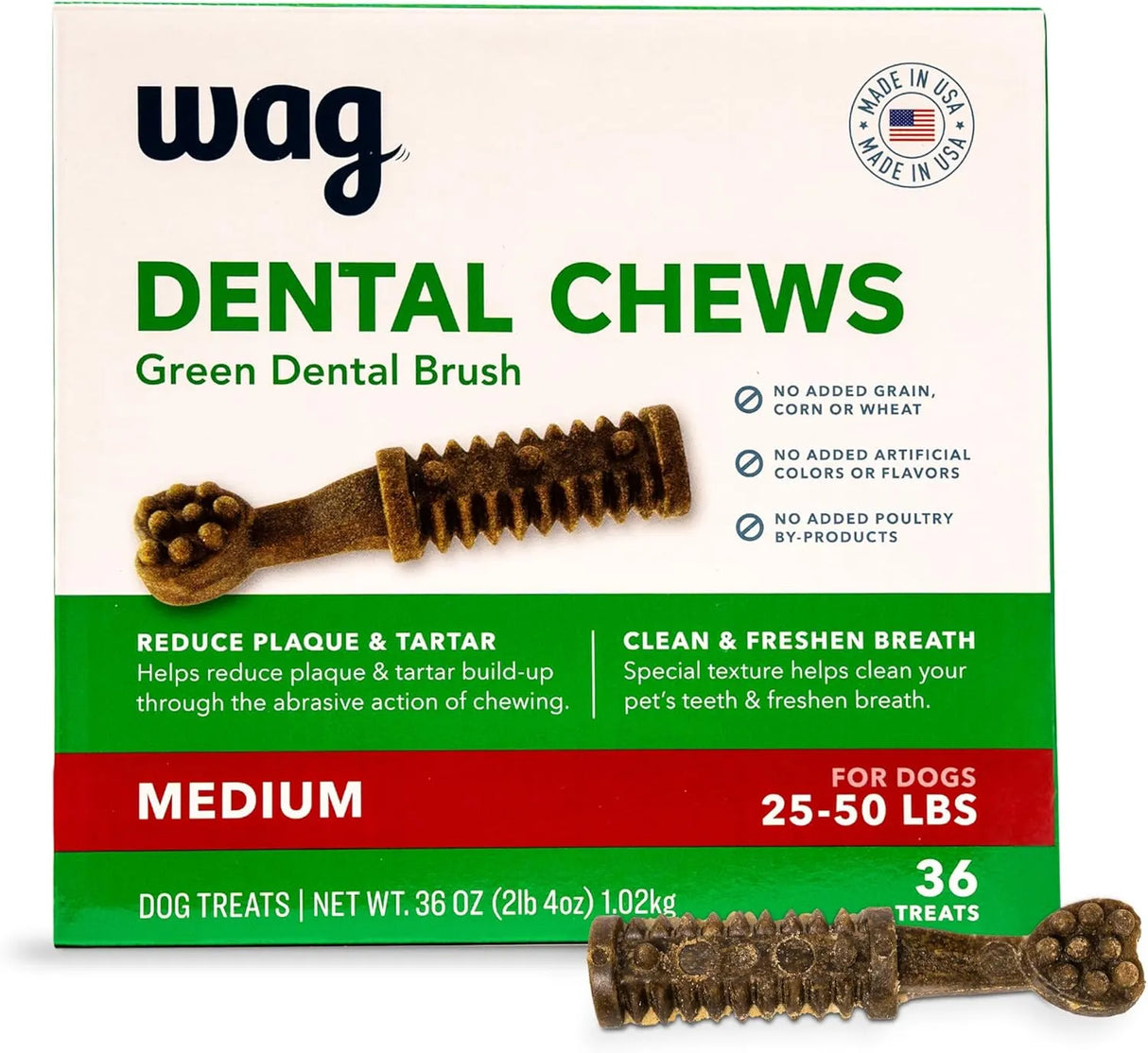 WAG - Wag Dental Dog Treats to Help Clean Teeth & Freshen Breath Medium Unflavored 36 Piezas - The Red Vitamin MX - Cuidado Dental Para Perros - {{ shop.shopifyCountryName }}