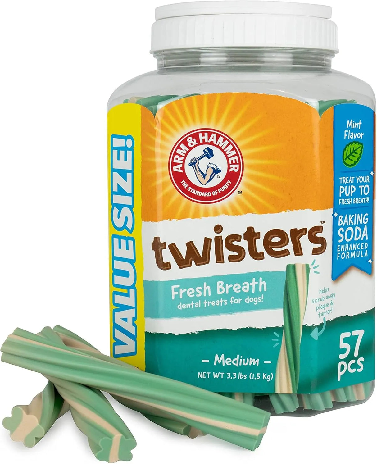 ARM & HAMMER - Arm & Hammer for Pets Twisters Fresh Breath Dental Treats for Dogs Medium Mint 57 Piezas - The Red Vitamin MX - Cuidado Dental Para Perros - {{ shop.shopifyCountryName }}