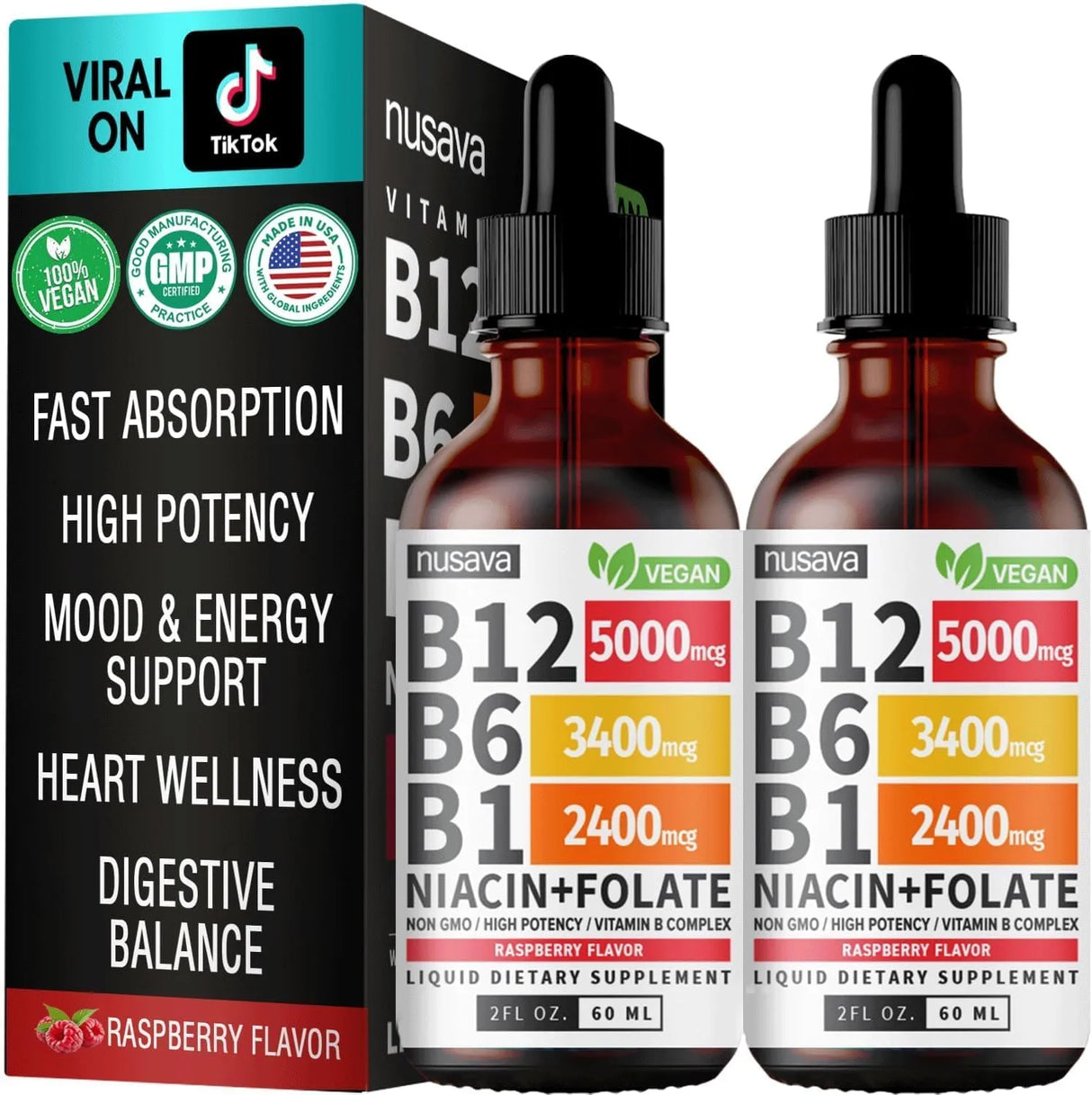 NUSAVA - NUSAVA Vitamin B12 and B6 Liquid Drops Raspberry 2 Fl.Oz. 2 Pack - The Red Vitamin MX - Suplementos Alimenticios - {{ shop.shopifyCountryName }}
