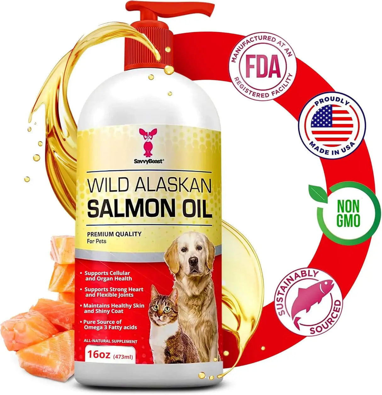 SAVVYBEAST - SavvyBeast Wild Alaskan Salmon Oil for Dogs 16 Fl.Oz. - The Red Vitamin MX - Aceite De Pescado Para Perros - {{ shop.shopifyCountryName }}