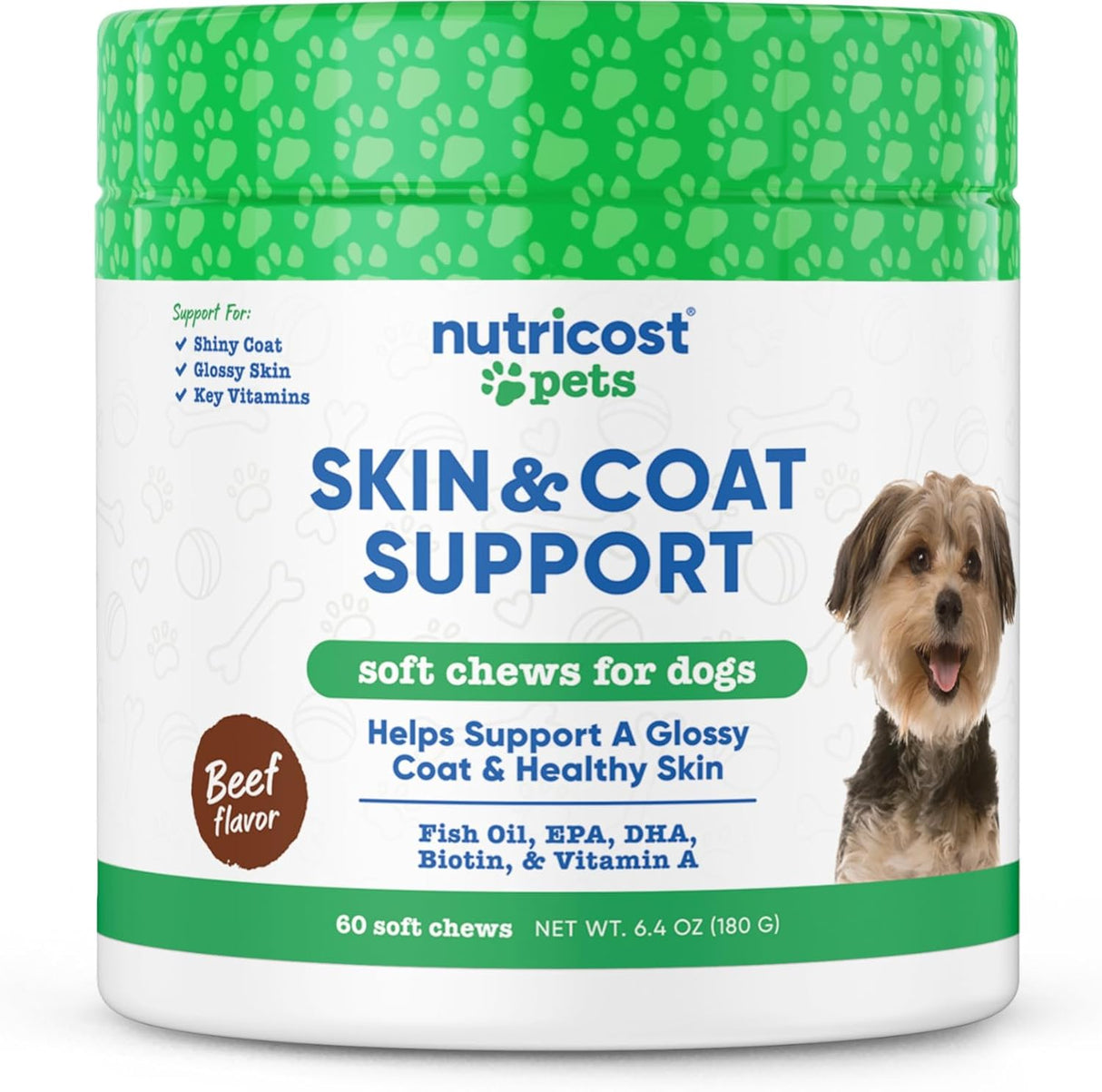 Nutricost Pets Skin & Coat Support Soft Chews for Dogs Beef Flavored 60 Masticables