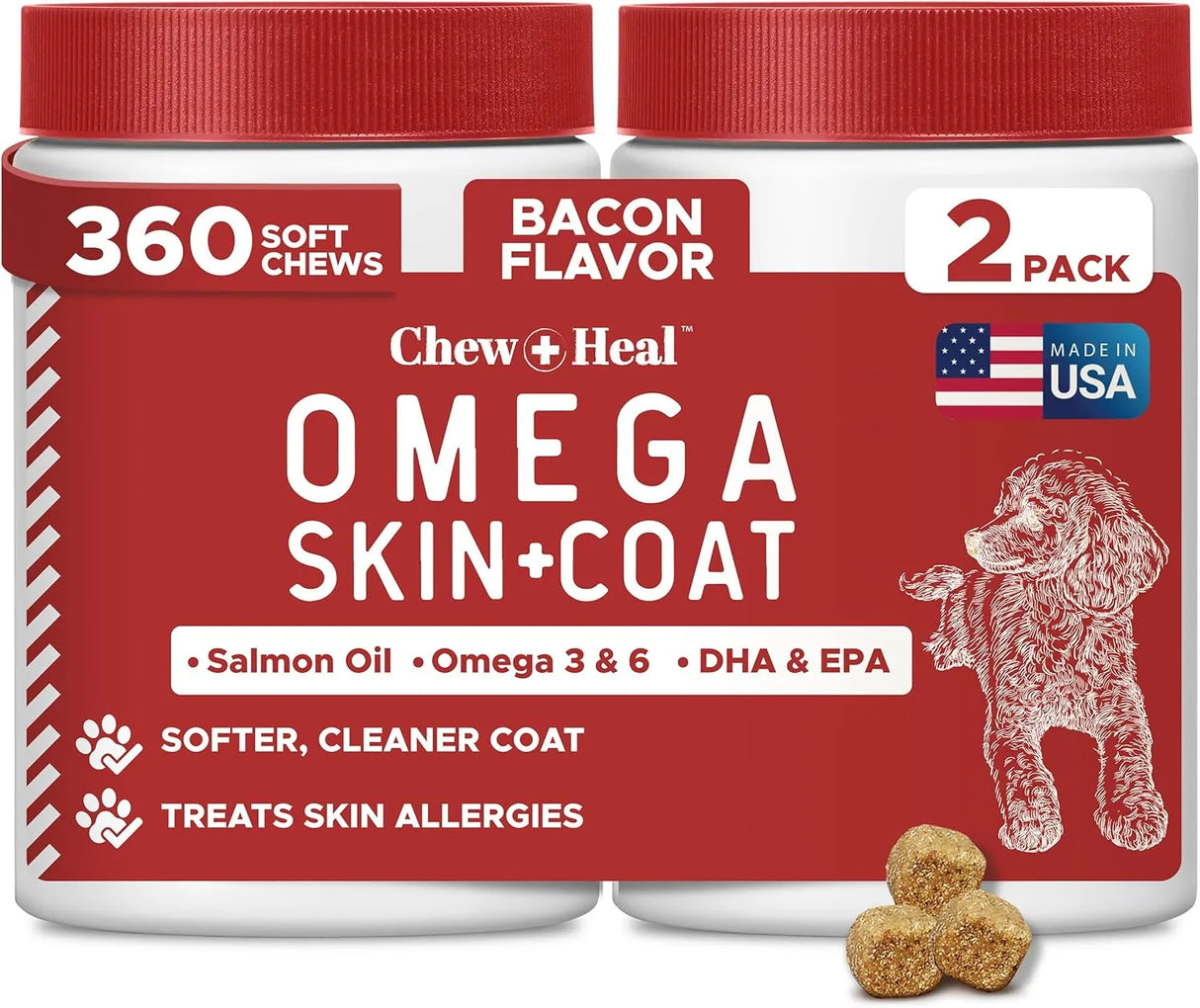 CHEW + HEAL - Chew + Heal Labs Omega Treats for Skin and Coat Bacon Flavor 180 Masticables 2 Pack - The Red Vitamin MX - Aceite De Pescado Para Perros - {{ shop.shopifyCountryName }}