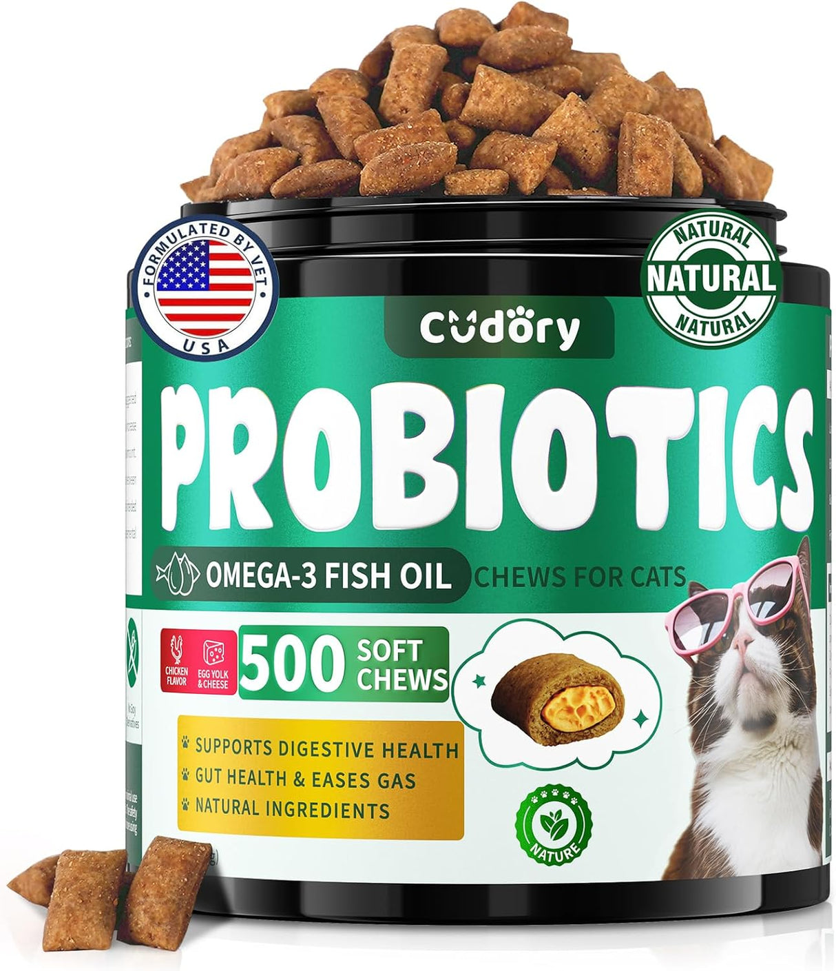 Cudory Cat Probiotics Tasty Chews for Digestive & Gut Support 500 Masticables