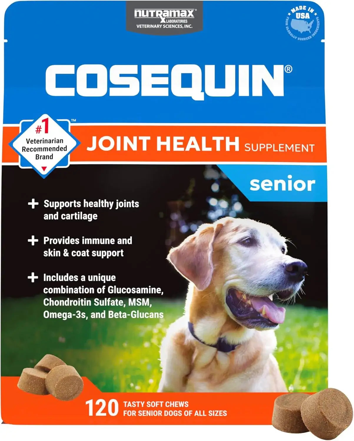 NUTRAMAX - Nutramax Cosequin Senior Joint Health Supplement for Senior Dogs 120 Masticables - The Red Vitamin MX - Cuidado De Cadera Y Articulaciones Para Perros - {{ shop.shopifyCountryName }}