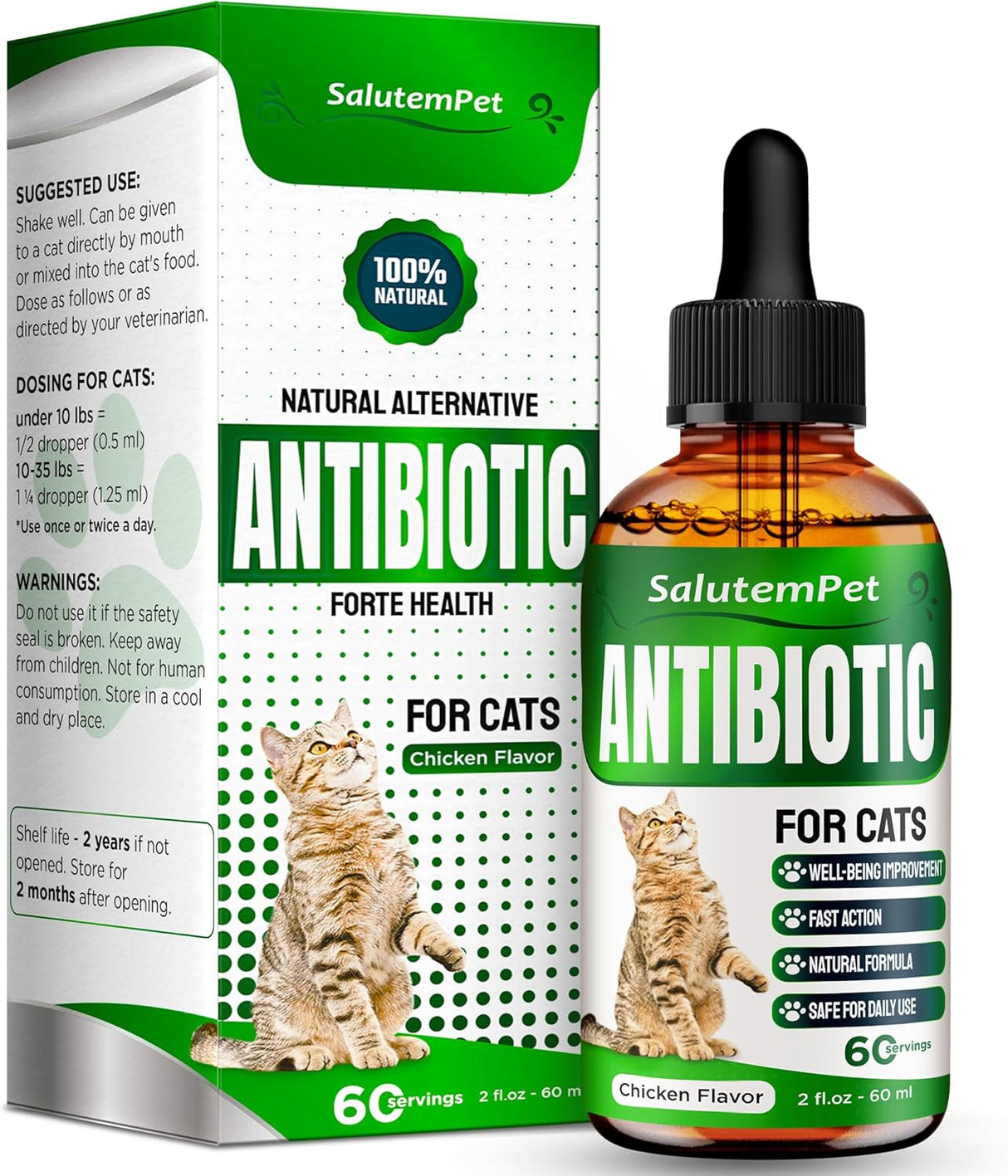 SalutemPet Cat Antibiotic for Infections UTIs Respiratory Moments Cold, & Allergies 2 Fl.Oz.
