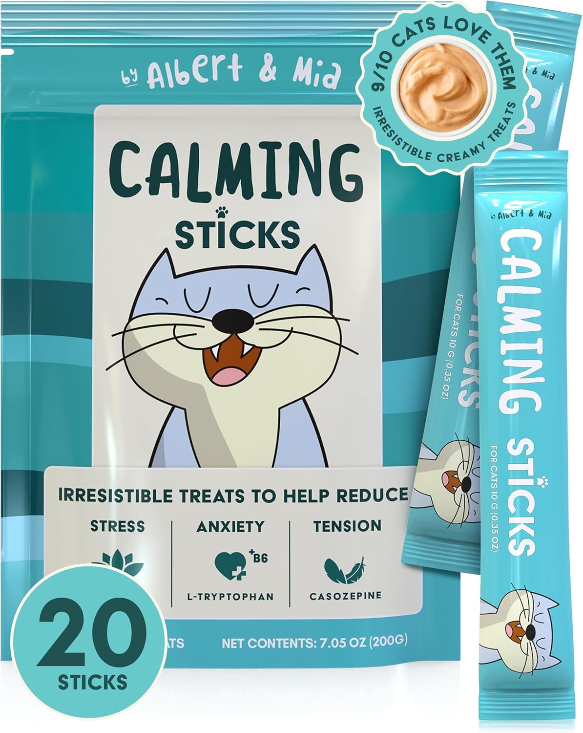 ALBERT & MIA Calming Sticks Lickable Calming Cat Treats 20 Pack