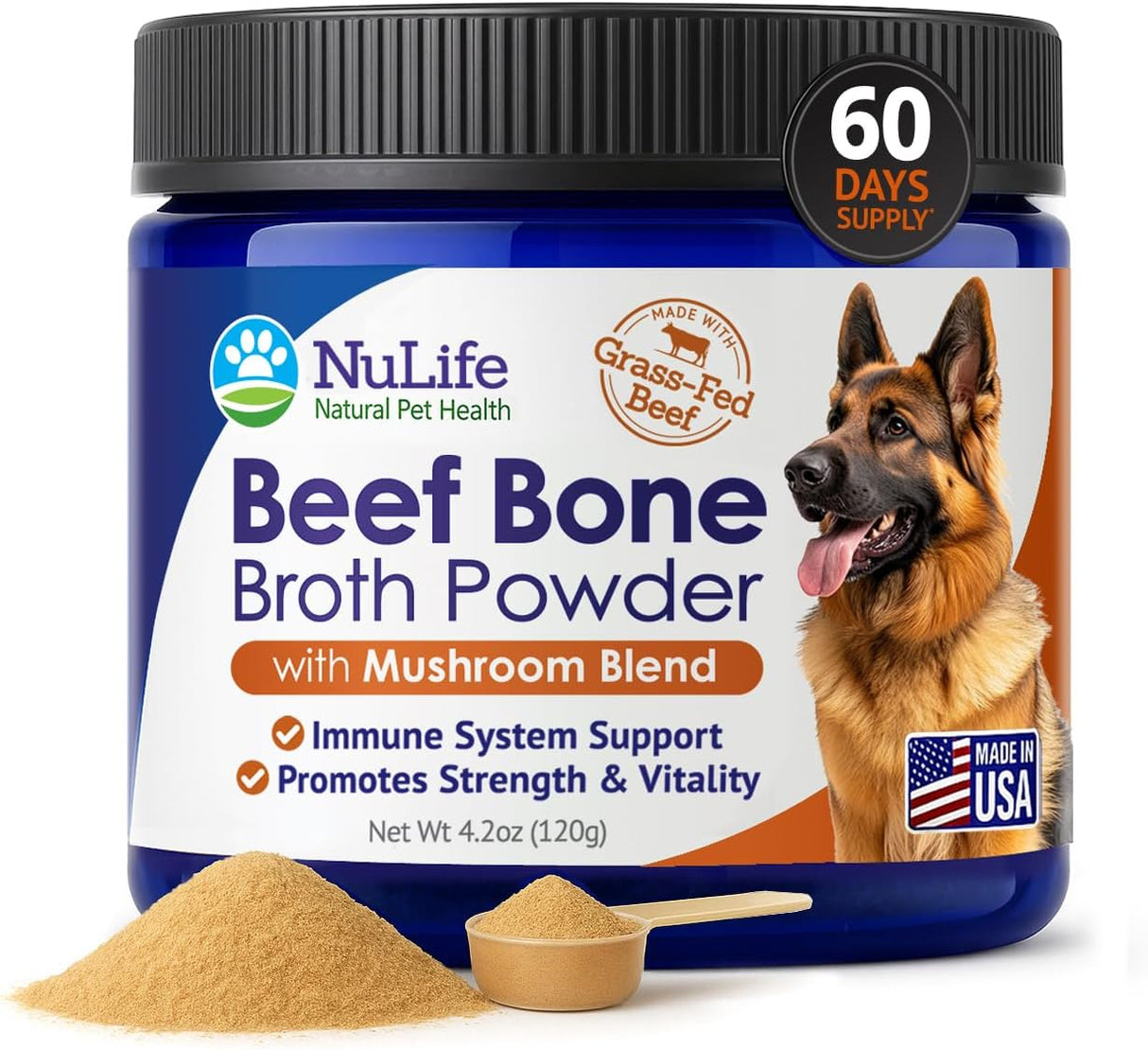 NULIFE - NuLife Natural Pet Health Grass-Fed Beef Bone Broth Powder for Dogs with Mushroom Blend 120Gr. - The Red Vitamin MX - Suplementos Herbales Para Perros - {{ shop.shopifyCountryName }}