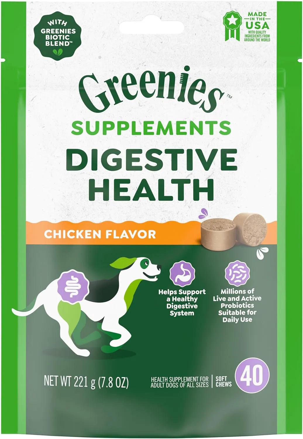 GREENIES - Greenies Supplements Digestive Health Probiotics for Dogs Chicken Flavor 40 Masticables - The Red Vitamin MX - Probióticos Para Perros - {{ shop.shopifyCountryName }}