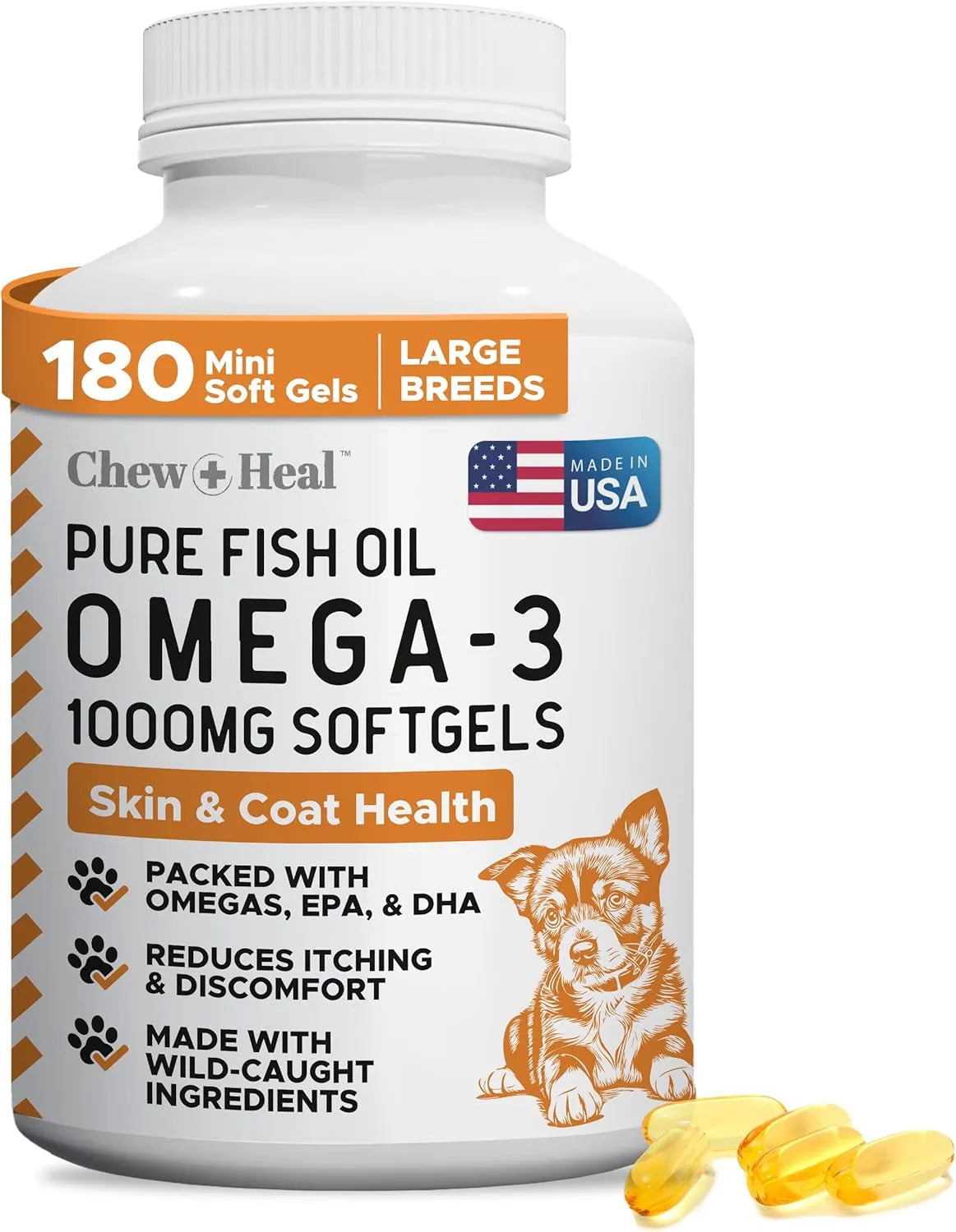 CHEW + HEAL - Chew + Heal Labs Wild Caught Omega 3 Fish Oil for Large Breed 180 Capsulas Blandas - The Red Vitamin MX - Aceite De Pescado Para Perros - {{ shop.shopifyCountryName }}