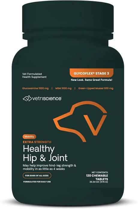 VETRISCIENCE - VetriScience Glycoflex 3 Clinically Proven Hip and Joint Supplement for Dogs 120 Tabletas Masticables - The Red Vitamin MX - Cuidado De Cadera Y Articulaciones Para Perros - {{ shop.shopifyCountryName }}