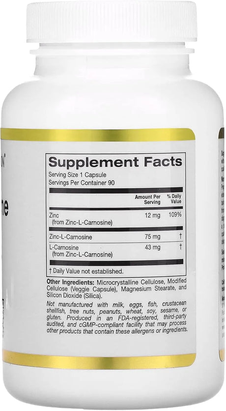 CALIFORNIA GOLD NUTRITION - California Gold Nutrition Zinc-L-Carnosine 90 Capsulas - The Red Vitamin MX - Suplementos Alimenticios - {{ shop.shopifyCountryName }}
