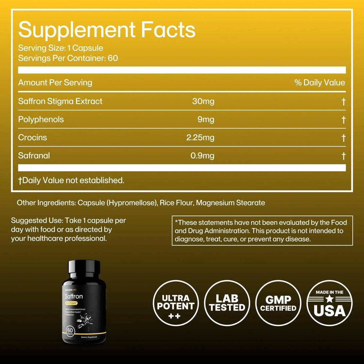 NOTABLE - Notable Ultra-Potent Saffron Extract 30Mg. 60 Capsulas - The Red Vitamin MX - Suplementos Alimenticios - {{ shop.shopifyCountryName }}