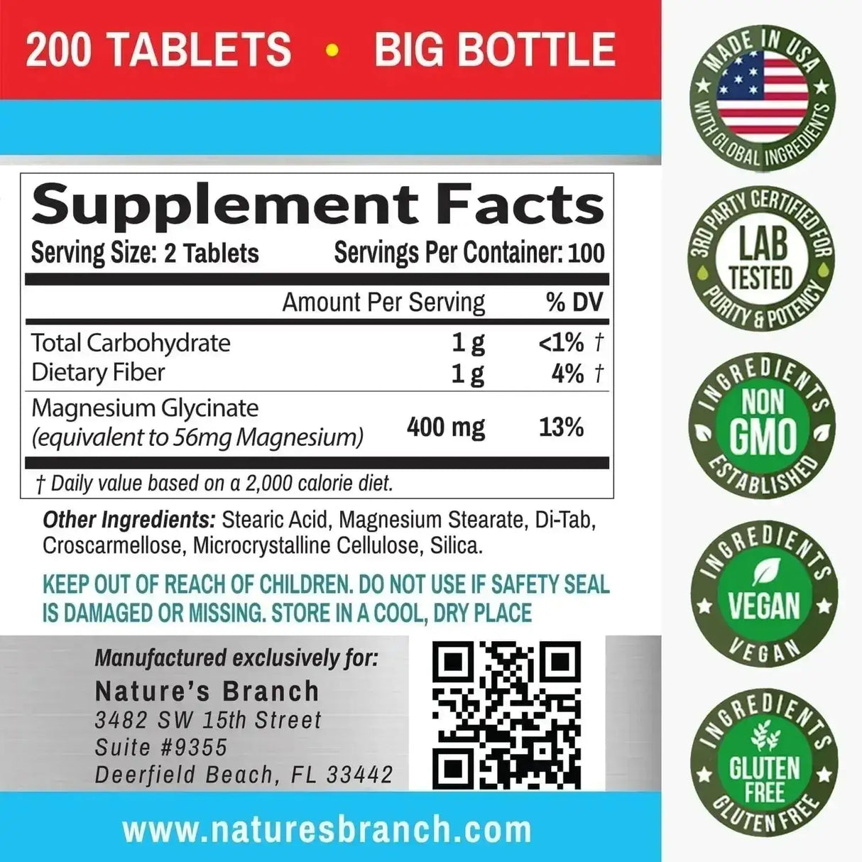 NATURE'S BRANCH - Nature's Branch Magnesium Glycinate 400Mg. 200 Tabletas - The Red Vitamin MX - Suplementos Alimenticios - {{ shop.shopifyCountryName }}