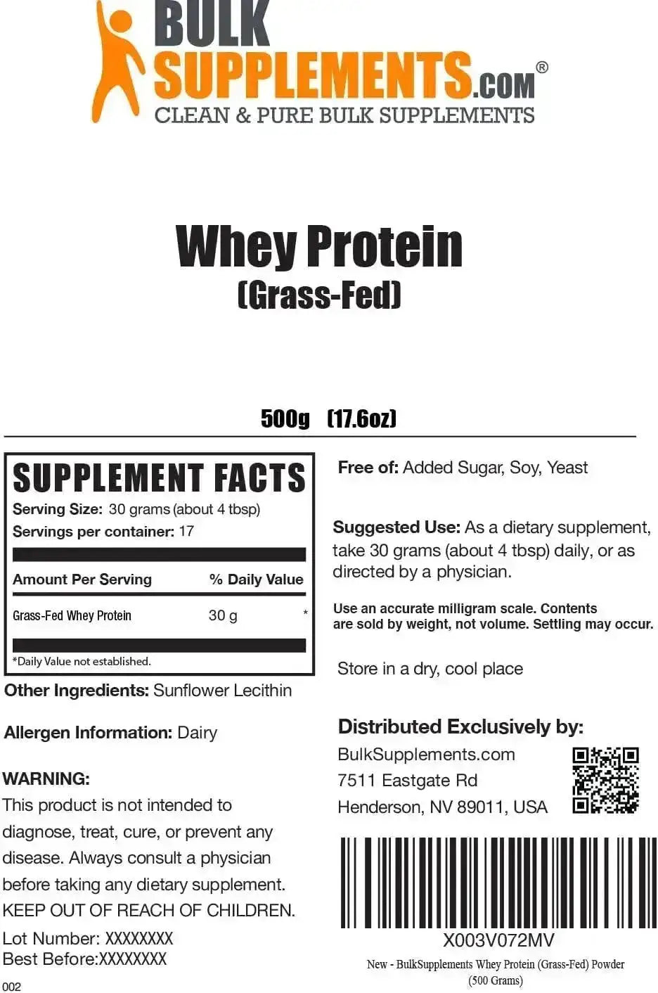 BULK SUPPLEMENTS - Bulk Supplements Grass Fed Whey Protein Powder Unflavored 500Gr. - The Red Vitamin MX - Suplementos Alimenticios - {{ shop.shopifyCountryName }}