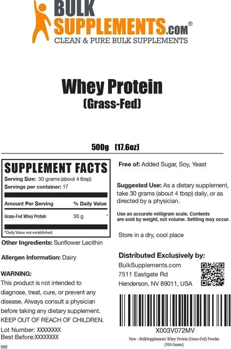 BULK SUPPLEMENTS - Bulk Supplements Grass Fed Whey Protein Powder Unflavored 500Gr. - The Red Vitamin MX - Suplementos Alimenticios - {{ shop.shopifyCountryName }}
