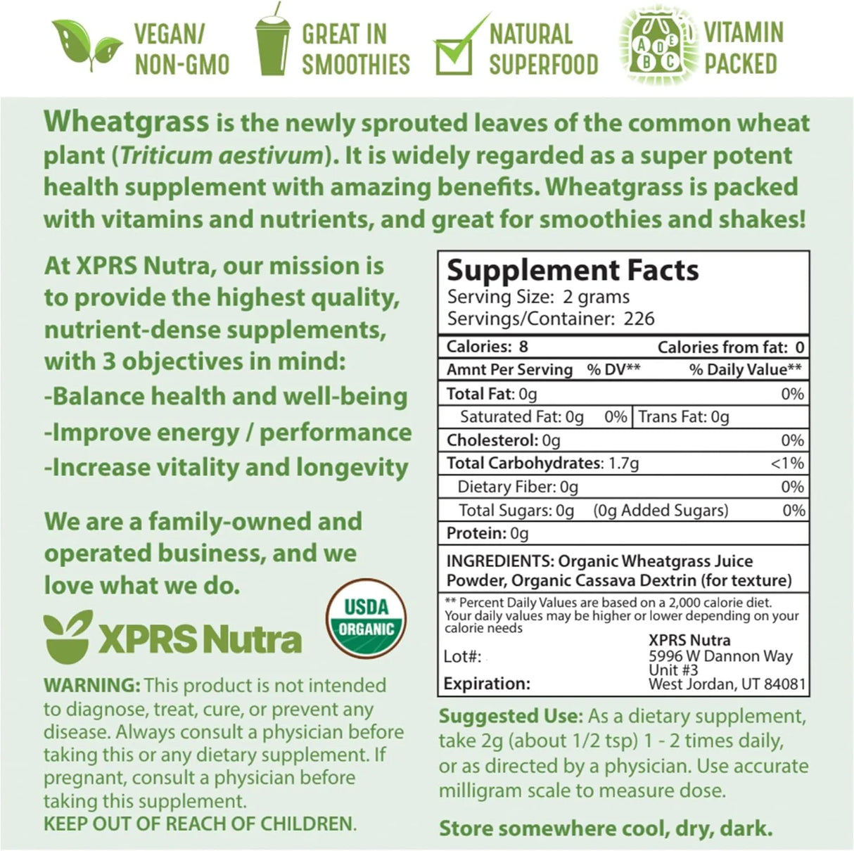 XPRS NUTRA - XPRS Nutra Organic Wheatgrass Juice Powder 16 Oz. - The Red Vitamin MX - Suplementos Alimenticios - {{ shop.shopifyCountryName }}