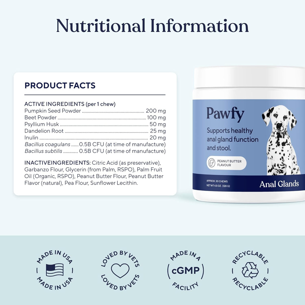 Pawfy Anal Gland Chews for Dogs with Peanut Butter 30 Masticables
