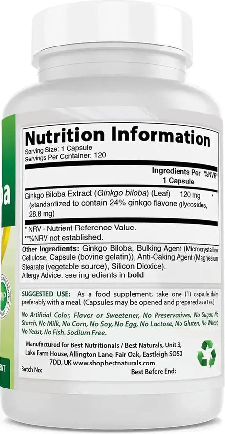 BEST NATURALS - Best Naturals Ginkgo Biloba 120Mg. 120 Capsulas - The Red Vitamin MX - Suplementos Alimenticios - {{ shop.shopifyCountryName }}