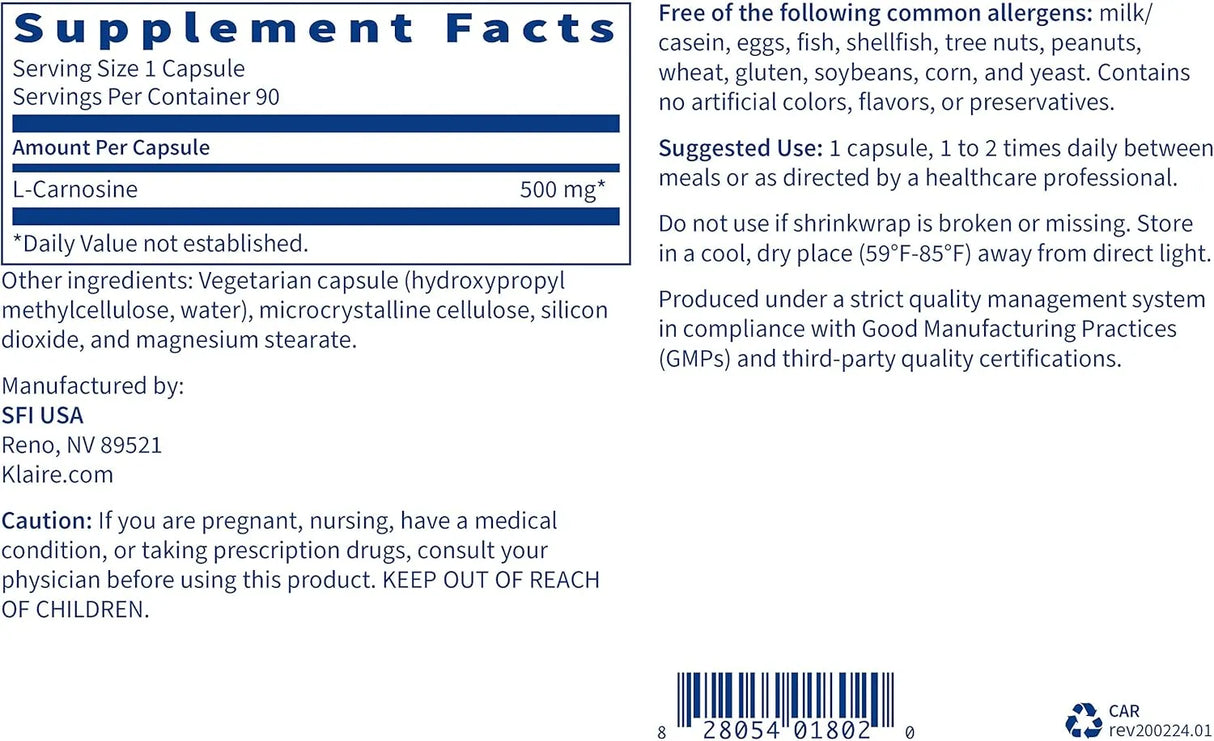 KLAIRE LABS - Klaire Labs L-Carnosine 500Mg. 90 Capsulas - The Red Vitamin MX - Suplementos Alimenticios - {{ shop.shopifyCountryName }}