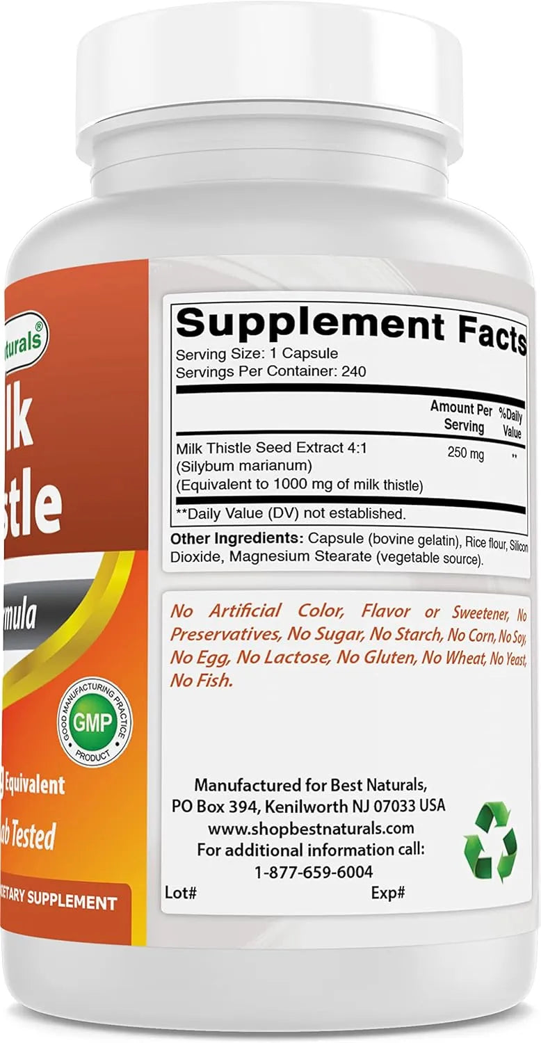 BEST NATURALS - Best Naturals Milk Thistle Extract 1000Mg. 240 Capsulas - The Red Vitamin MX - Suplementos Alimenticios - {{ shop.shopifyCountryName }}