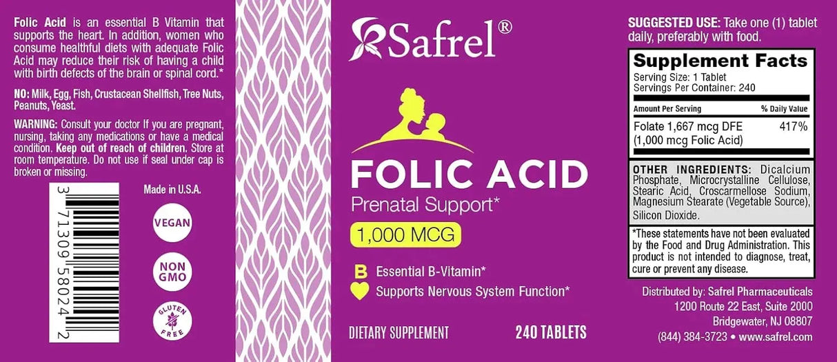 SAFREL - Safrel Folic Acid 1000mcg 240 Tabletas - The Red Vitamin MX - Suplementos Alimenticios - {{ shop.shopifyCountryName }}