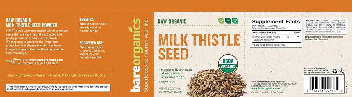 BAREORGANICS - BareOrganics Milk Thistle Seed Powder 227Gr. - The Red Vitamin MX - Suplementos Alimenticios - {{ shop.shopifyCountryName }}