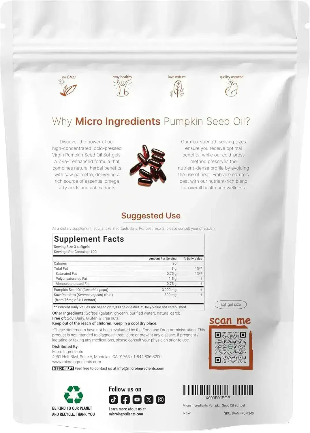 MICRO INGREDIENTS - Micro Ingredients Pumpkin Seed Oil with Saw Palmetto, 3,000Mg. 300 Capsulas Blandas - The Red Vitamin MX - Suplementos Alimenticios - {{ shop.shopifyCountryName }}