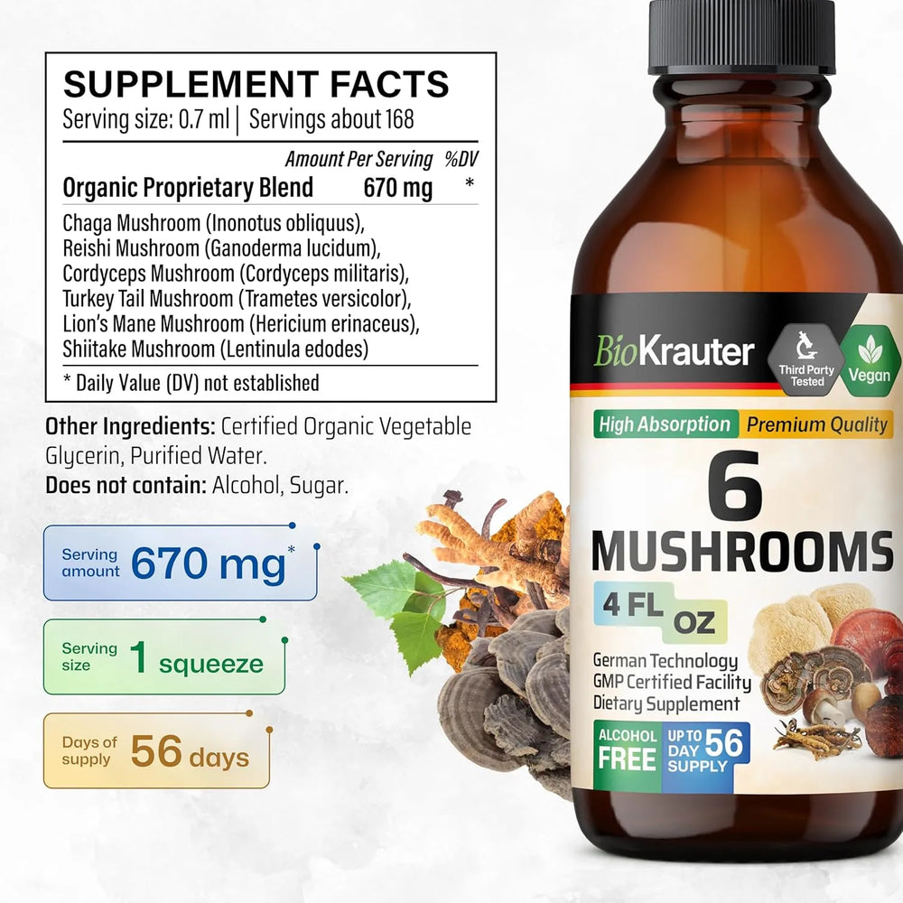 BIOKRAUTER - Bio Krauter 6 Mushrooms Vegan Drops 4 Fl.Oz. - The Red Vitamin MX - Suplementos Alimenticios - {{ shop.shopifyCountryName }}