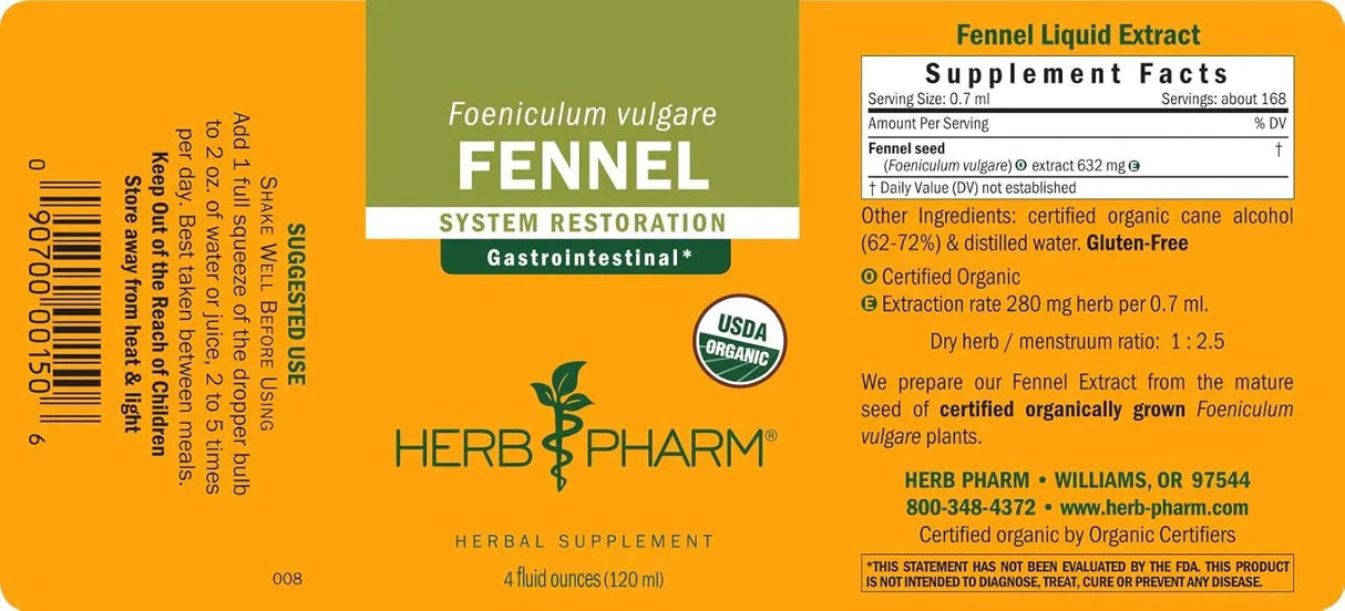 HERB PHARM - Herb Pharm Certified Organic Fennel Liquid Extract 4 Fl.Oz. - The Red Vitamin MX - Suplementos Alimenticios - {{ shop.shopifyCountryName }}