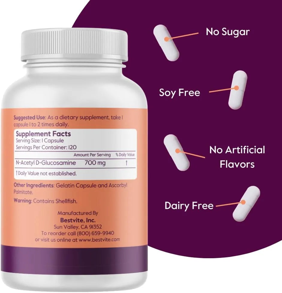 BESTVITE - BESTVITE N-Acetyl Glucosamine N-A-G 700Mg. 120 Capsulas - The Red Vitamin MX - Suplementos Alimenticios - {{ shop.shopifyCountryName }}