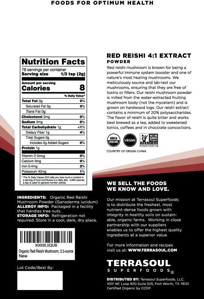 TERRASOUL SUPERFOODS - Terrasoul Superfoods Organic Reishi Mushroom Powder 156Gr. - The Red Vitamin MX - Suplementos Alimenticios - {{ shop.shopifyCountryName }}