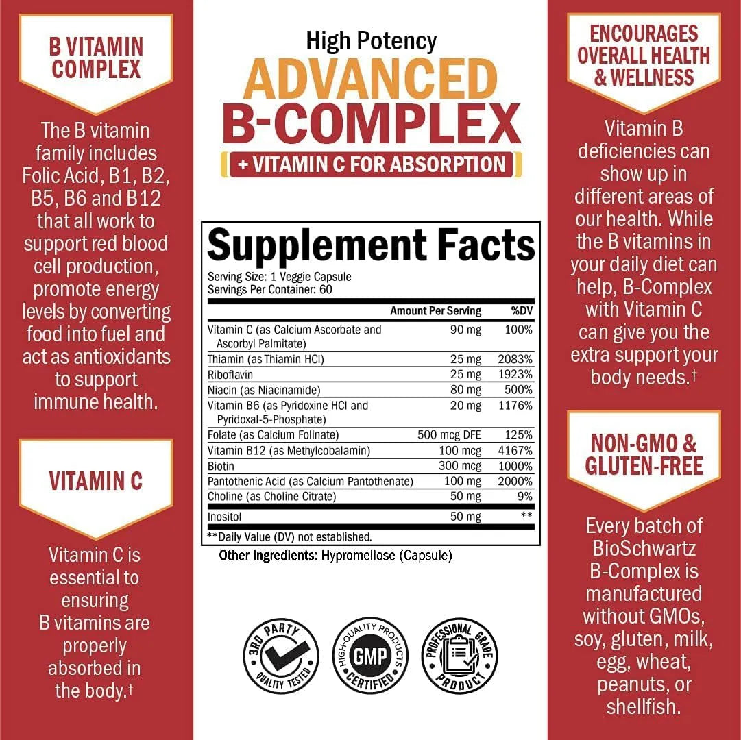 BIO SCHWARTZ - BioSchwartz Vitamin B Complex with Vitamin C 60 Capsulas - The Red Vitamin MX - Suplementos Alimenticios - {{ shop.shopifyCountryName }}