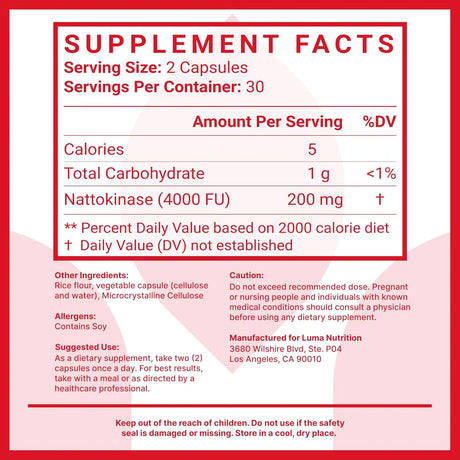 LUMA NUTRITION - Luma Nutrition Nattokinase 4000 FU 60 Capsulas - The Red Vitamin MX - Suplementos Alimenticios - {{ shop.shopifyCountryName }}