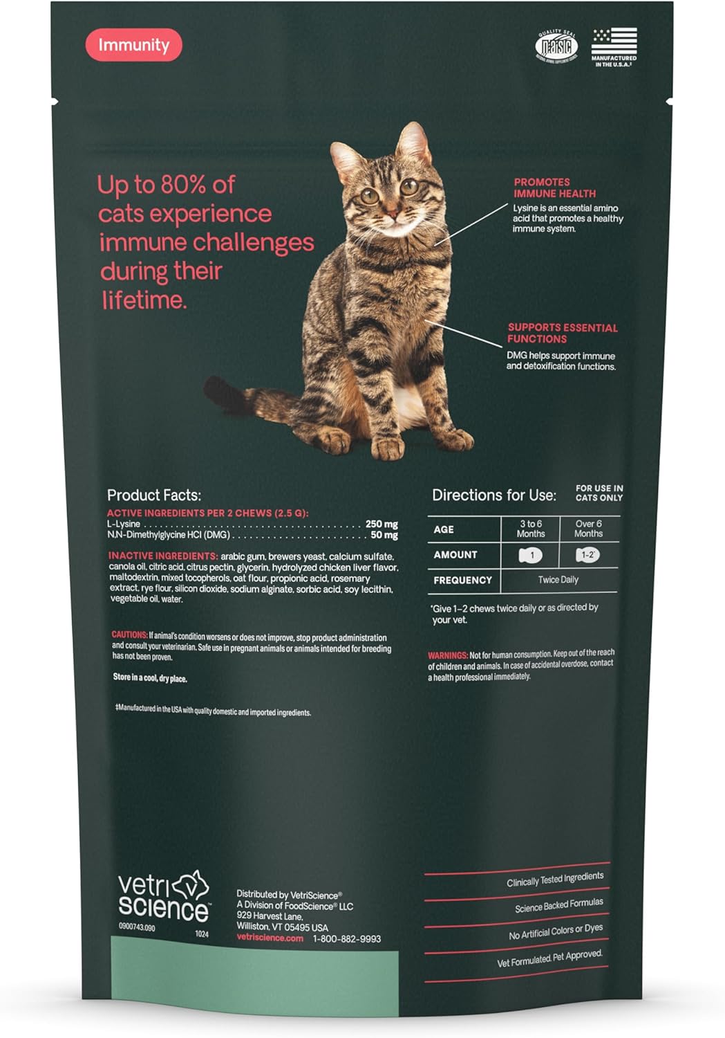 VetriScience Lysine Immunity Health Chews for Cats Chicken 90 Masticables