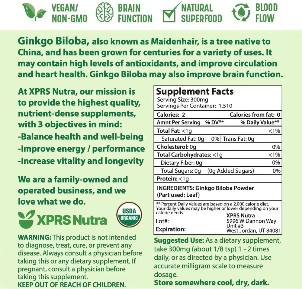 XPRS NUTRA - XPRS Nutra Organic Ginkgo Biloba Powder 453Gr. - The Red Vitamin MX - Suplementos Alimenticios - {{ shop.shopifyCountryName }}