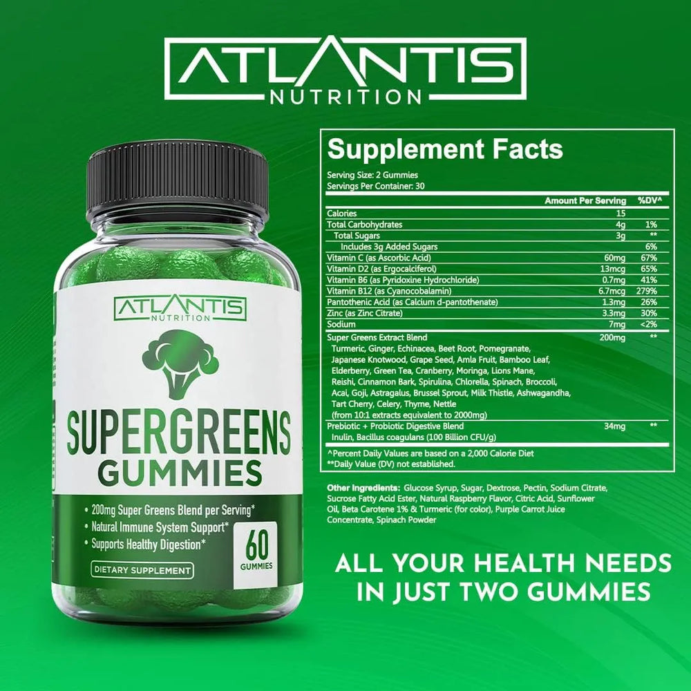 ATLANTIS NUTRITION - Atlantis Nutrition Supergreens Gummies Natural Raspberry Flavor 60 Gomitas 2 Pack - The Red Vitamin MX - Suplementos Alimenticios - {{ shop.shopifyCountryName }}
