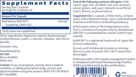 KLAIRE LABS - Klaire Labs Nattokinase NSK-SD 60 Capsulas - The Red Vitamin MX - Suplementos Alimenticios - {{ shop.shopifyCountryName }}
