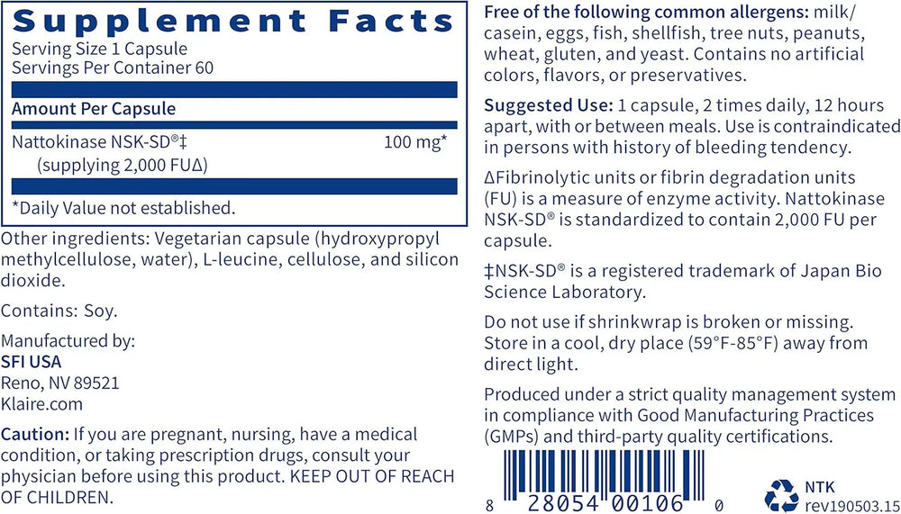 KLAIRE LABS - Klaire Labs Nattokinase NSK-SD 60 Capsulas - The Red Vitamin MX - Suplementos Alimenticios - {{ shop.shopifyCountryName }}
