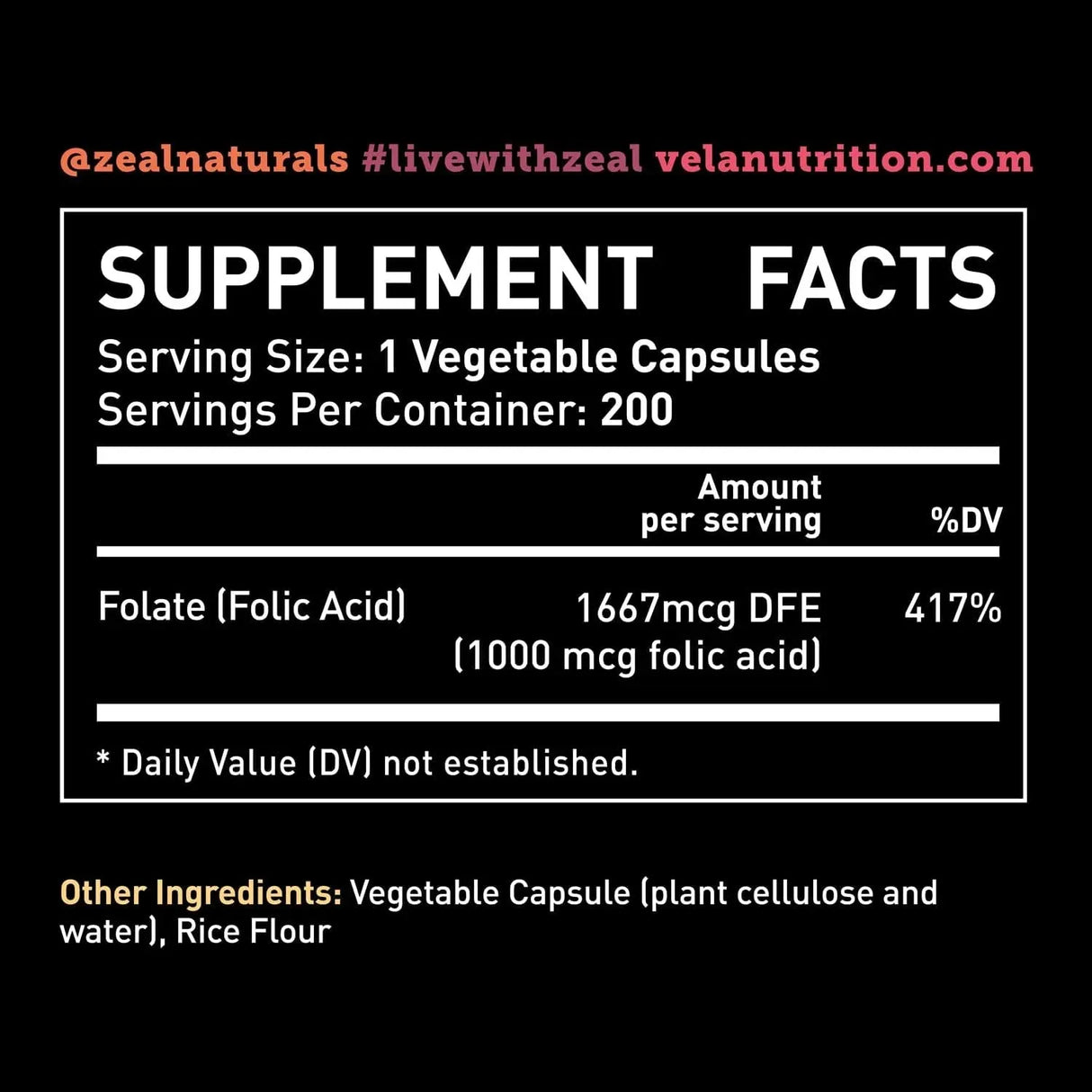 VELA NUTRITION - Vela Folic Acid 1000mcg 200 Capsulas - The Red Vitamin MX - Suplementos Alimenticios - {{ shop.shopifyCountryName }}